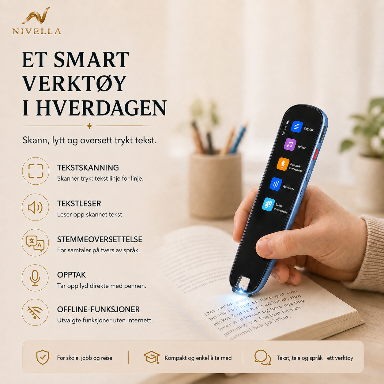 Funksjonsoversikt med tekstskanning, opplesning og oversettelse