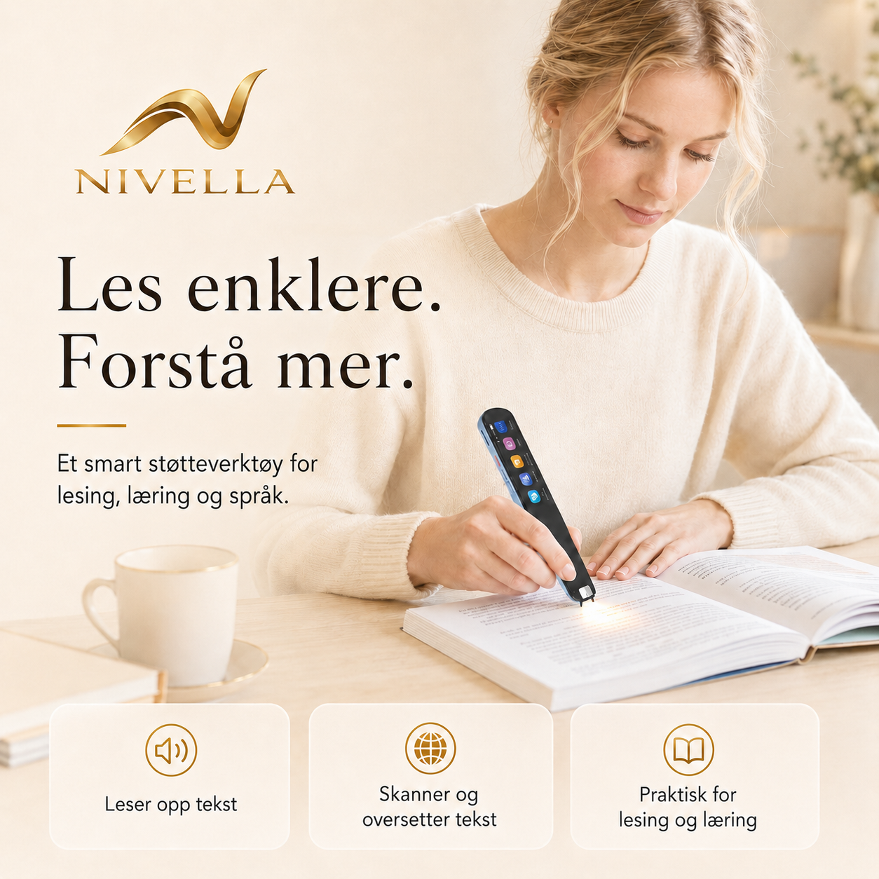 Person som skanner tekst i en bok med Nivella oversettelsespenn